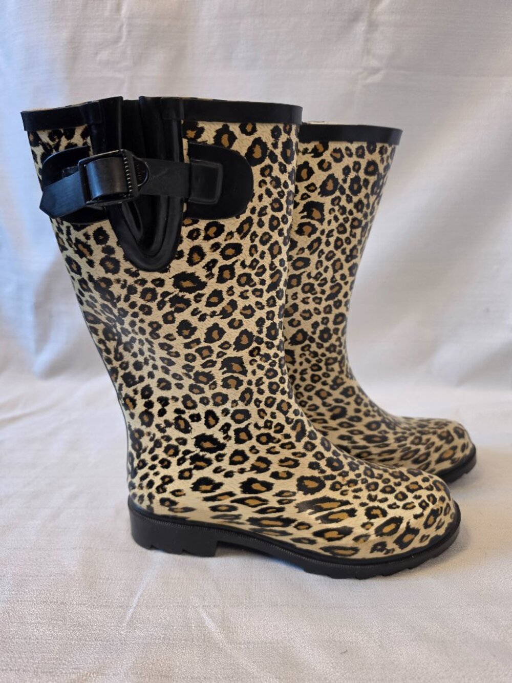 Leopard Print Rubber Boots with Black Buckle and Black Trim Size 6